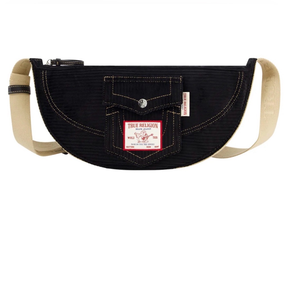 True Religion Black Crescent Shoulder Bag with Cream Strap - Picture 2 of 11